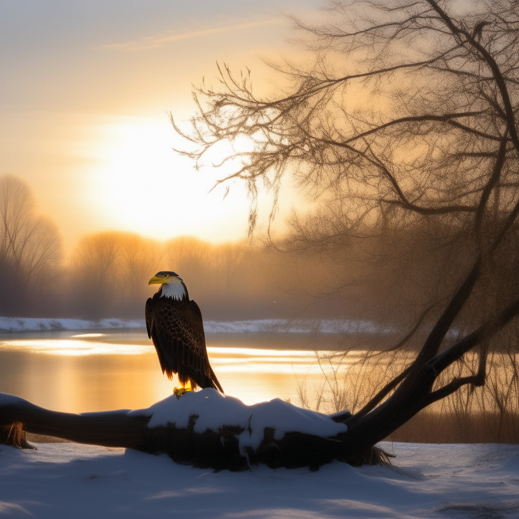 An eagle sitting on a tree over a river on a winter's morning, snow on the ground and a sun rise in the background.