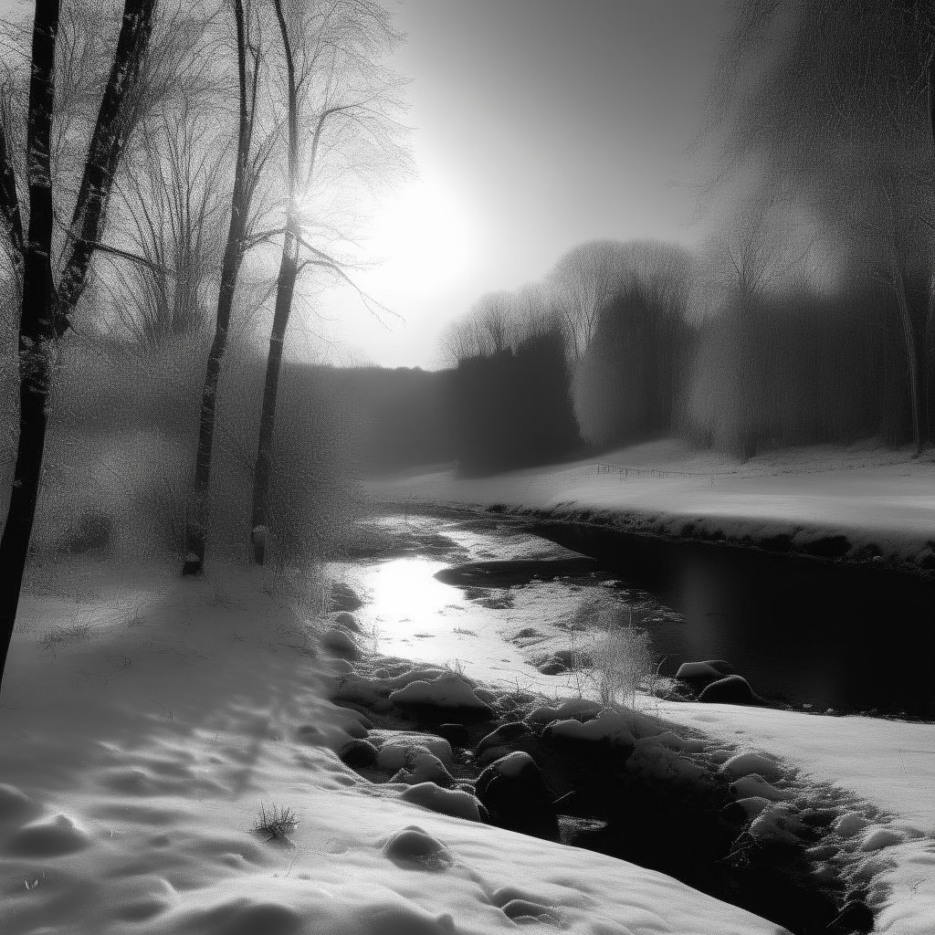 A woodland by a river on a winter's morning, snow on the ground and a sun rise in the background in black and white.