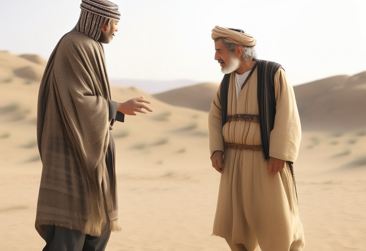 A king talking with a man in the desert 