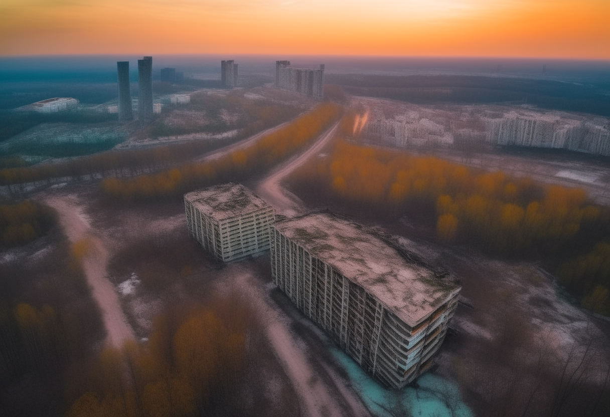 Aerial view of the abandoned city of Pripyat at dusk, overgrown buildings and empty streets beneath an eerie orange sky, capturing the haunting atmosphere of the Chernobyl Exclusion Zone