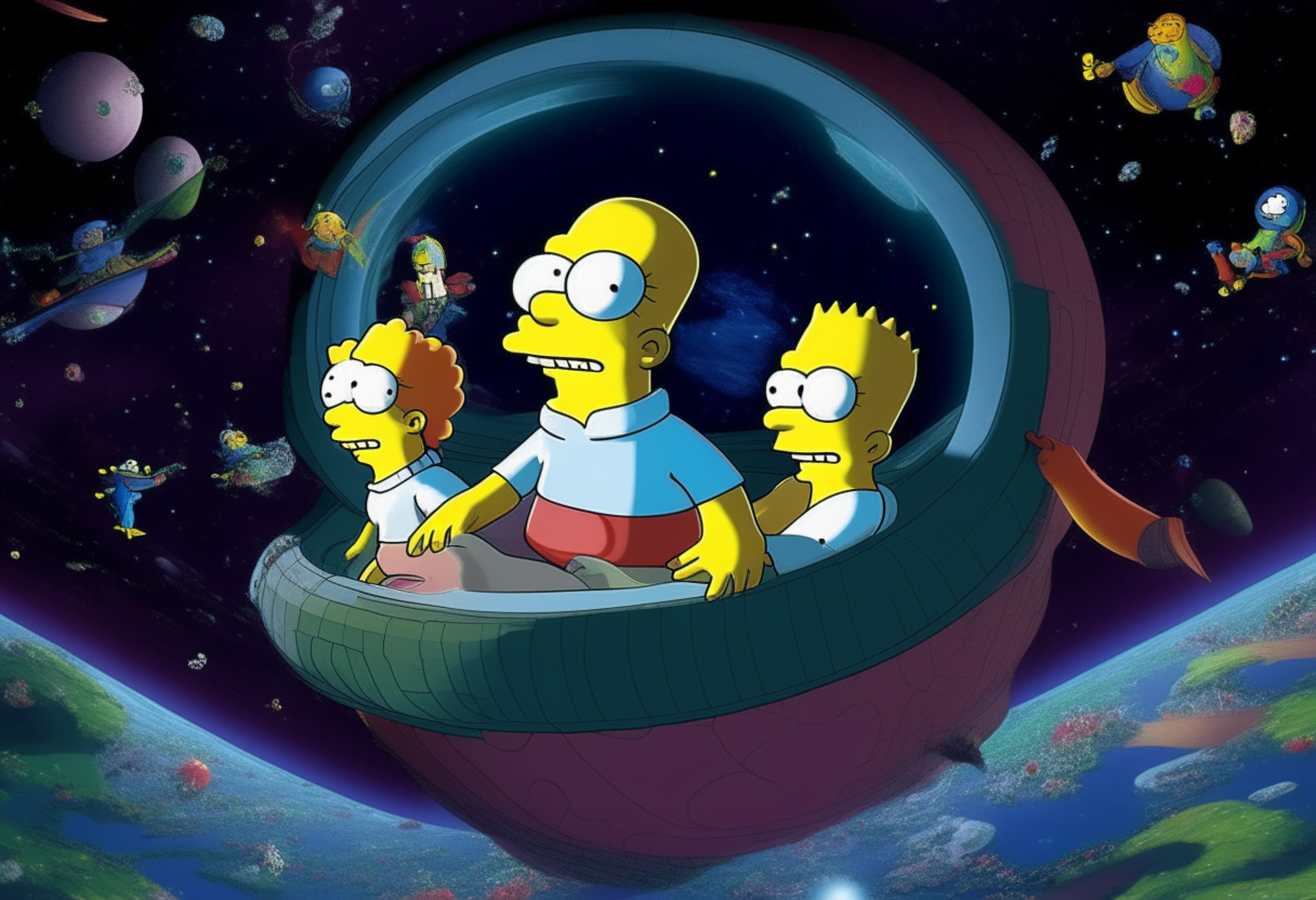 The Simpsons family floating through space in their spaceship, with planets and stars in the background