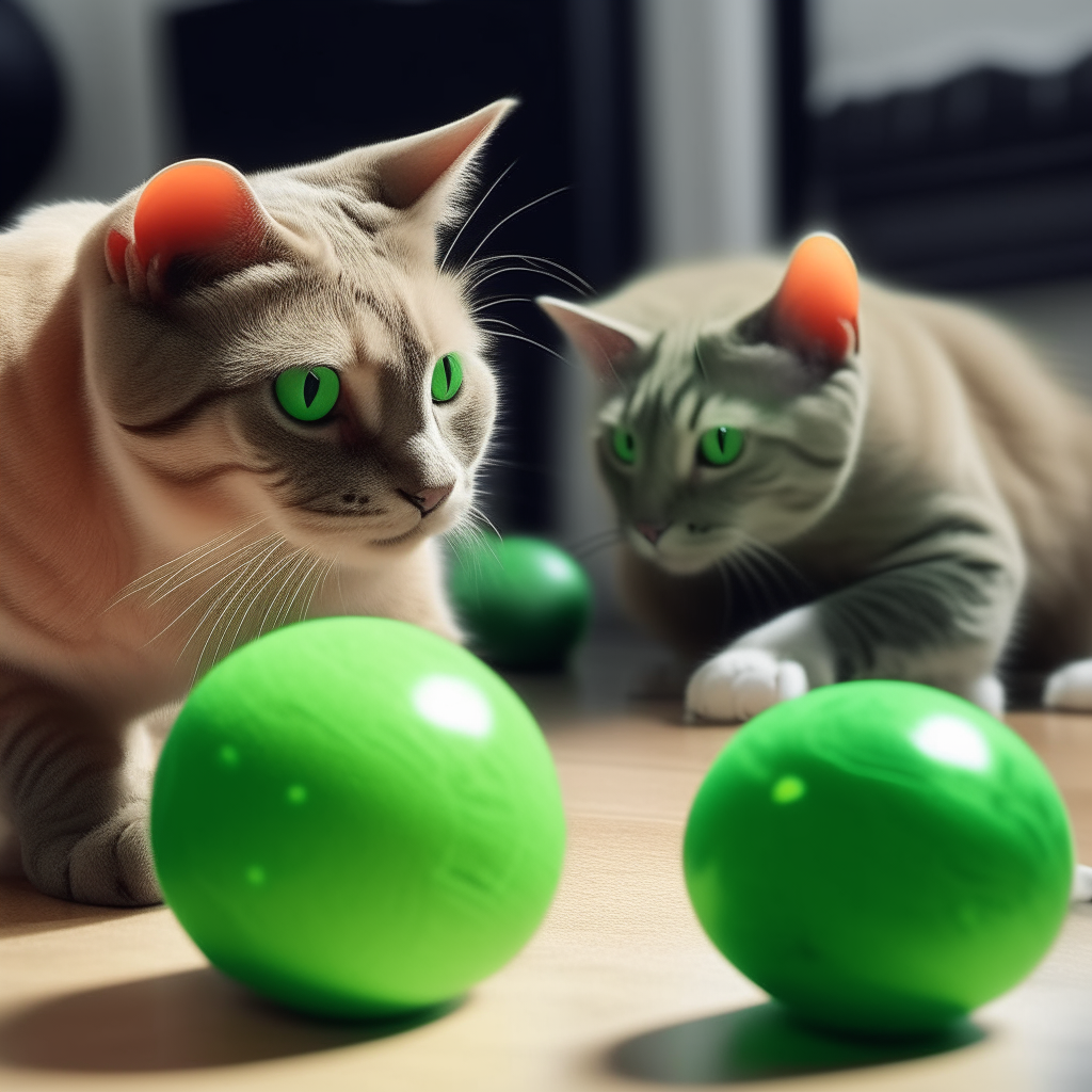 Varios gatos jugando con pelotas, uno de ellos es de color verde