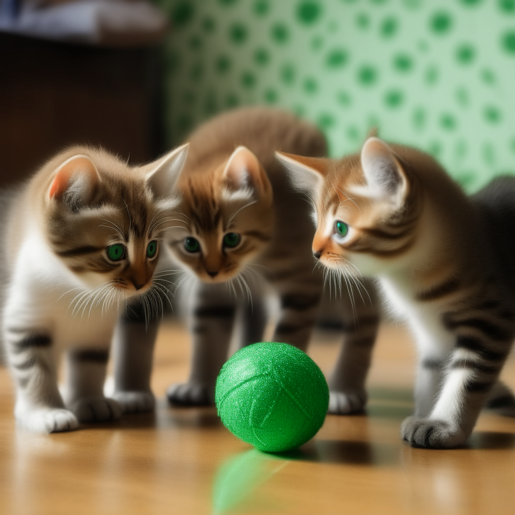 Five cats playing with balls, one of them is green