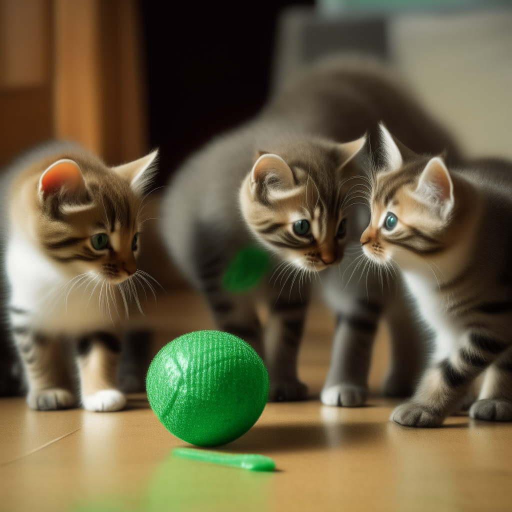 Five cats playing with balls, one of them is green