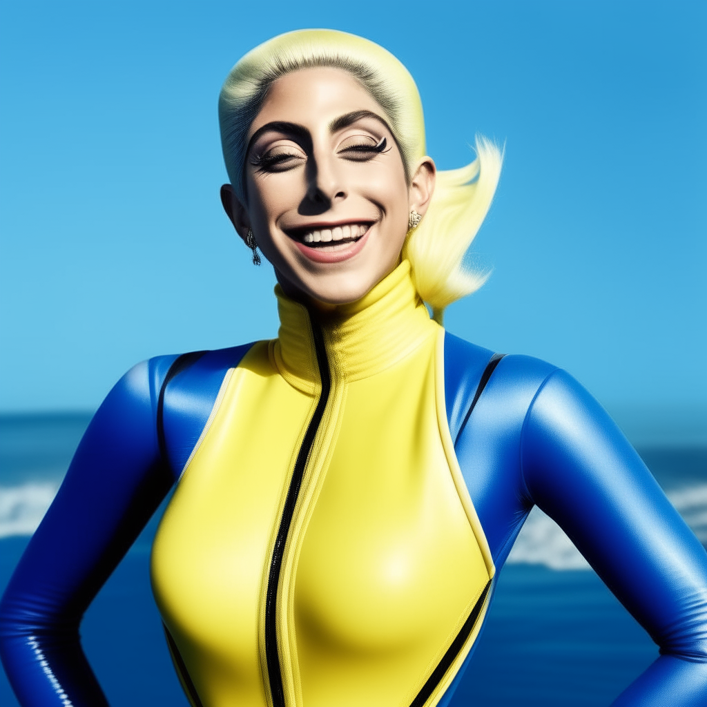 Portrait of Lady Gaga smiling while wearing a vintage yellow wetsuit with blue stripes