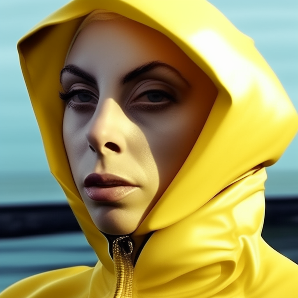 Close-up of Lady Gaga from the shoulders up in a vintage yellow wetsuit with the hood pulled up
