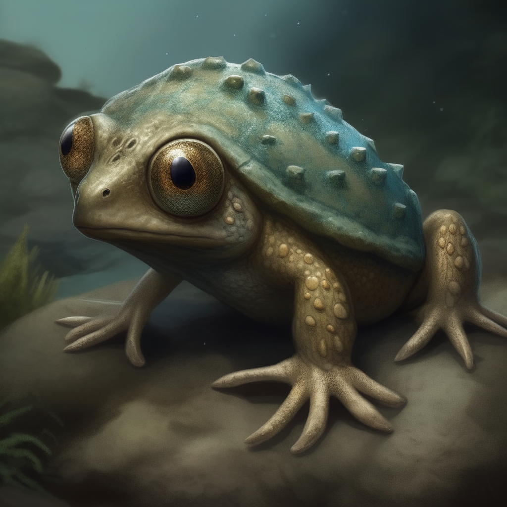 a fantastical newt-like creature, with a stone-like carapace covering its back half, large eyes and webbed feet visible