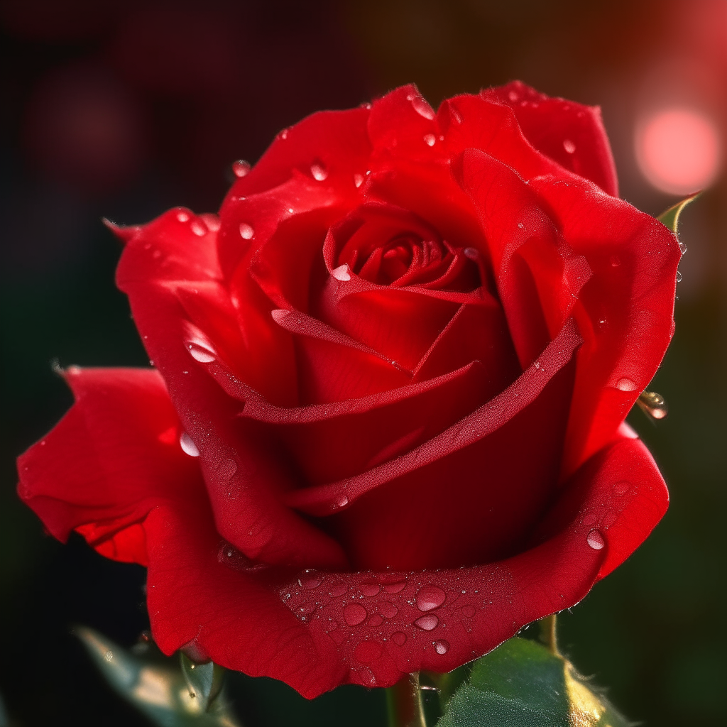 a beautiful red rose in full bloom, dewy petals glow with an inner magical light