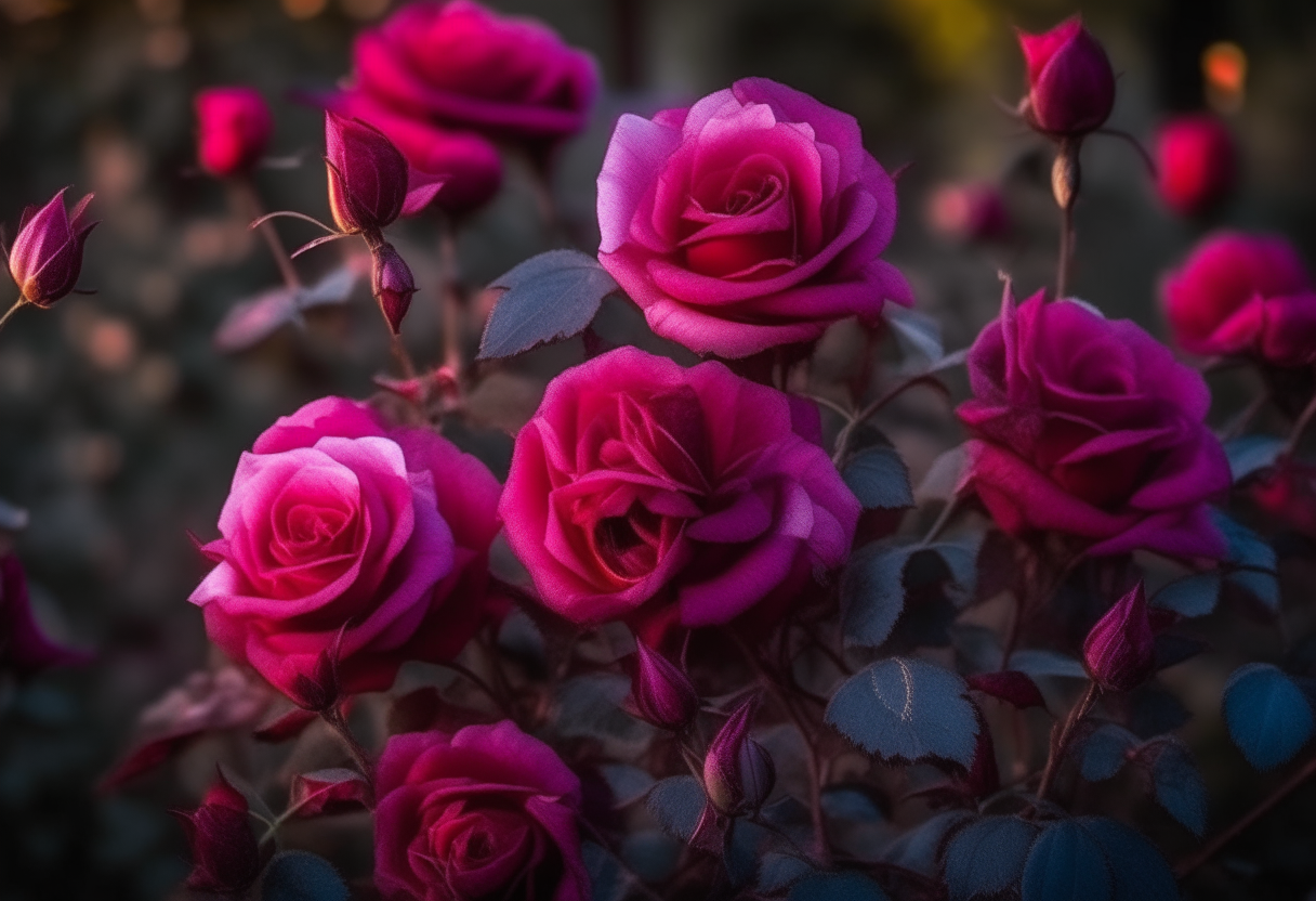 a beautiful red rose bush in full bloom, the roses glow with a soft purple magical aura, shot from a distance with a telephoto lens