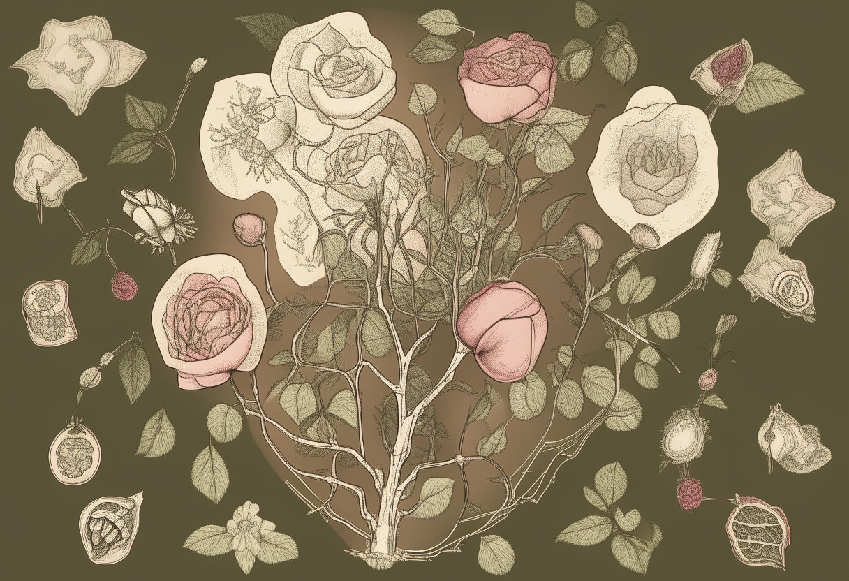 anatomical map of the magical rose bush, in a simplified line drawing style