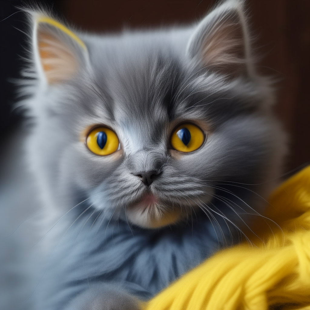 a large blue kitten covered in fluffy fur, with bright yellow eyes peering out