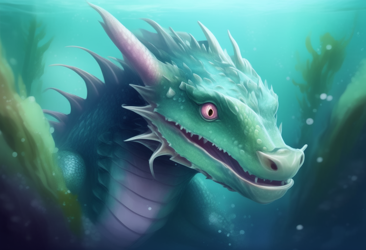 a fantasy dragon with soft pastel scales, peeking its head out of an underwater lagoon