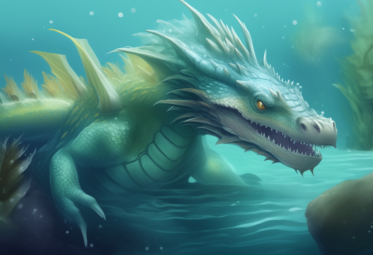 a fantasy dragon with soft pastel scales, its streamlined body suited for swimming, peeking its head out of an underwater lagoon