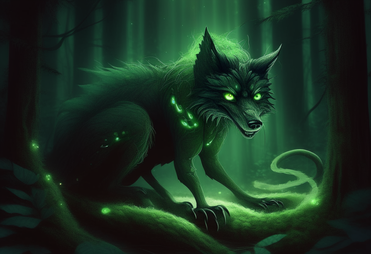 a monster that is part wolf and part snake, with fur covering its body but a long tail ending in a rattle, its eyes glow an eerie green in the dark forest