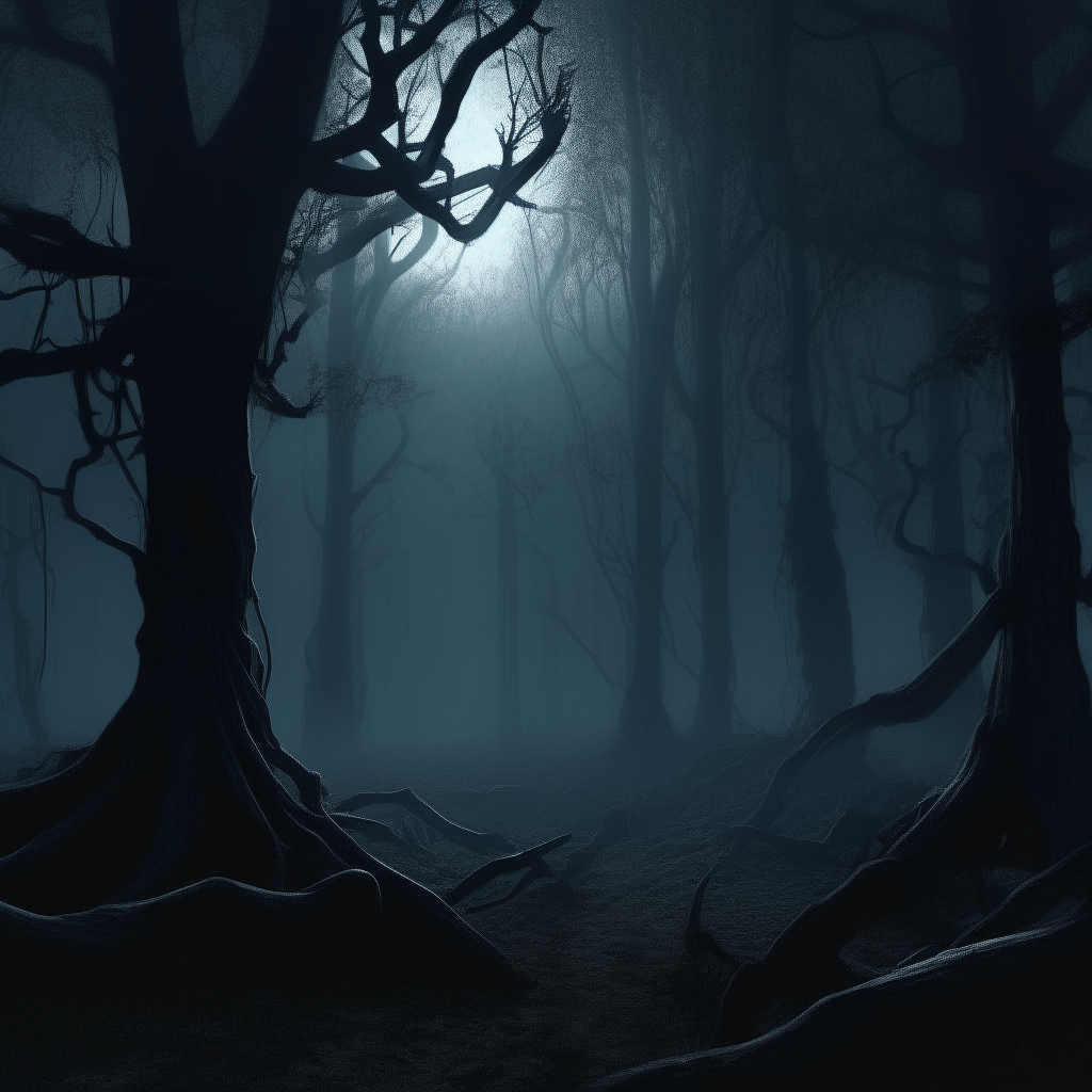 a cursed forest coming alive at nightfall, with menacing trees and shadows