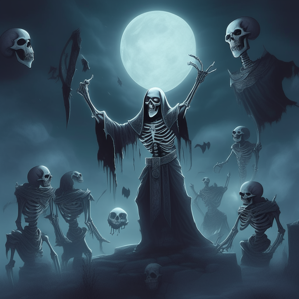 an evil necromancer summoning skeletal warriors from open graves at night, with a full moon in the sky