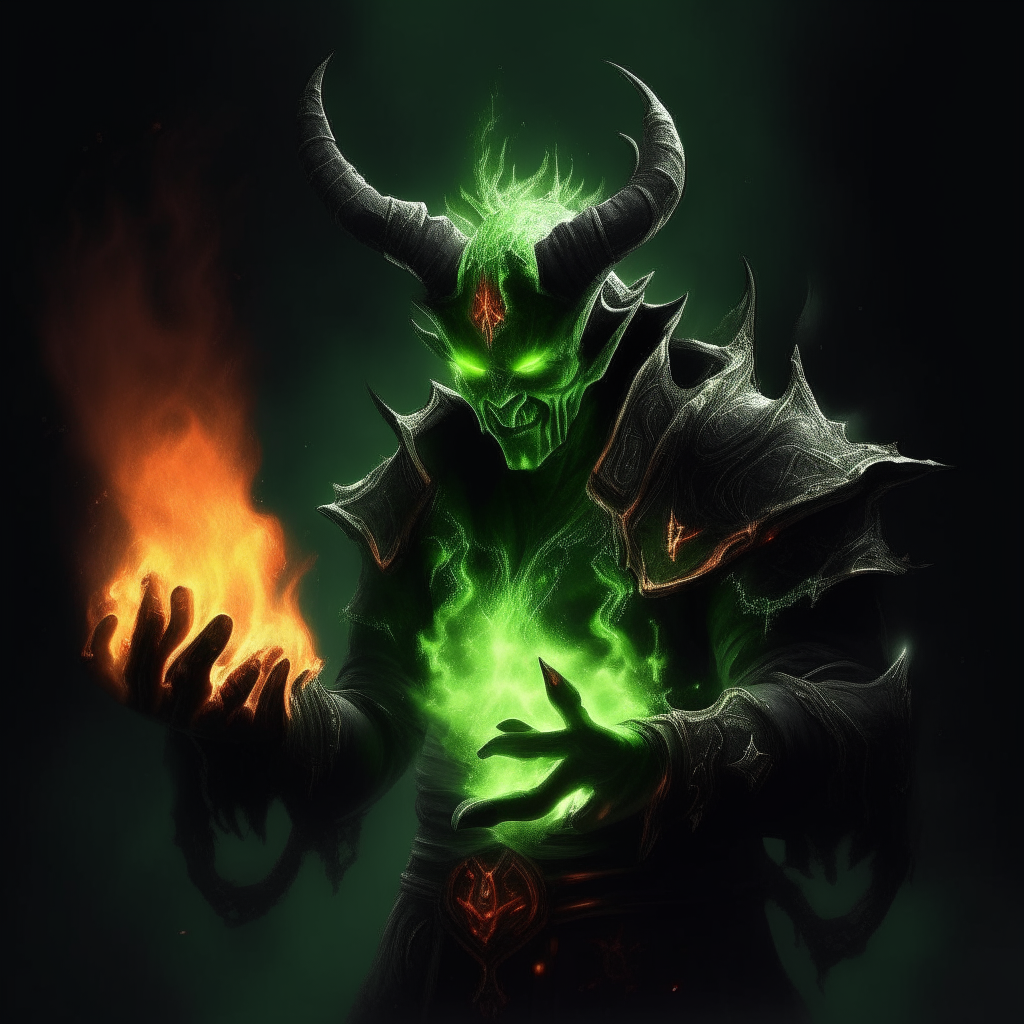 a horned devil summoning green flames in its hands against a dark backdrop