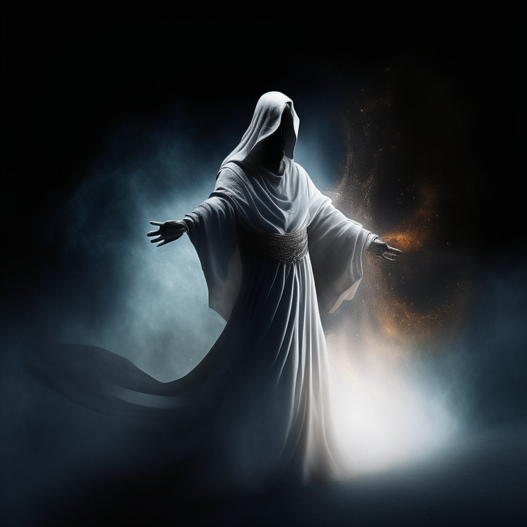 a mystical figure swirling in a torn white cloak at night, surrounded by a glowing mist