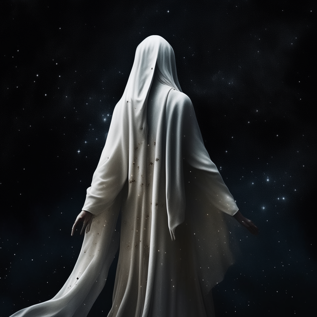 a mystical figure cloaked in white, with their torn cloak swirling around them in the night against a starry sky