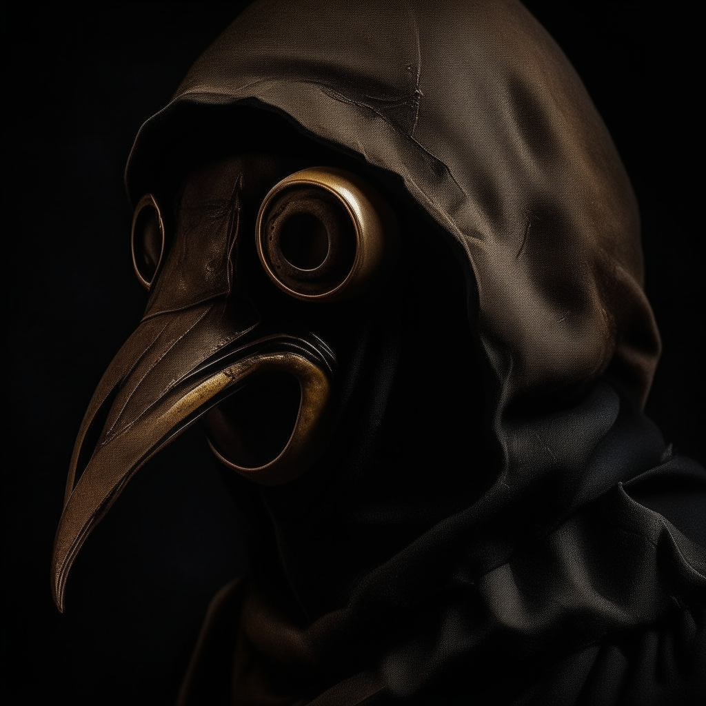a close-up portrait of a plague doctor's masked face against a black backdrop