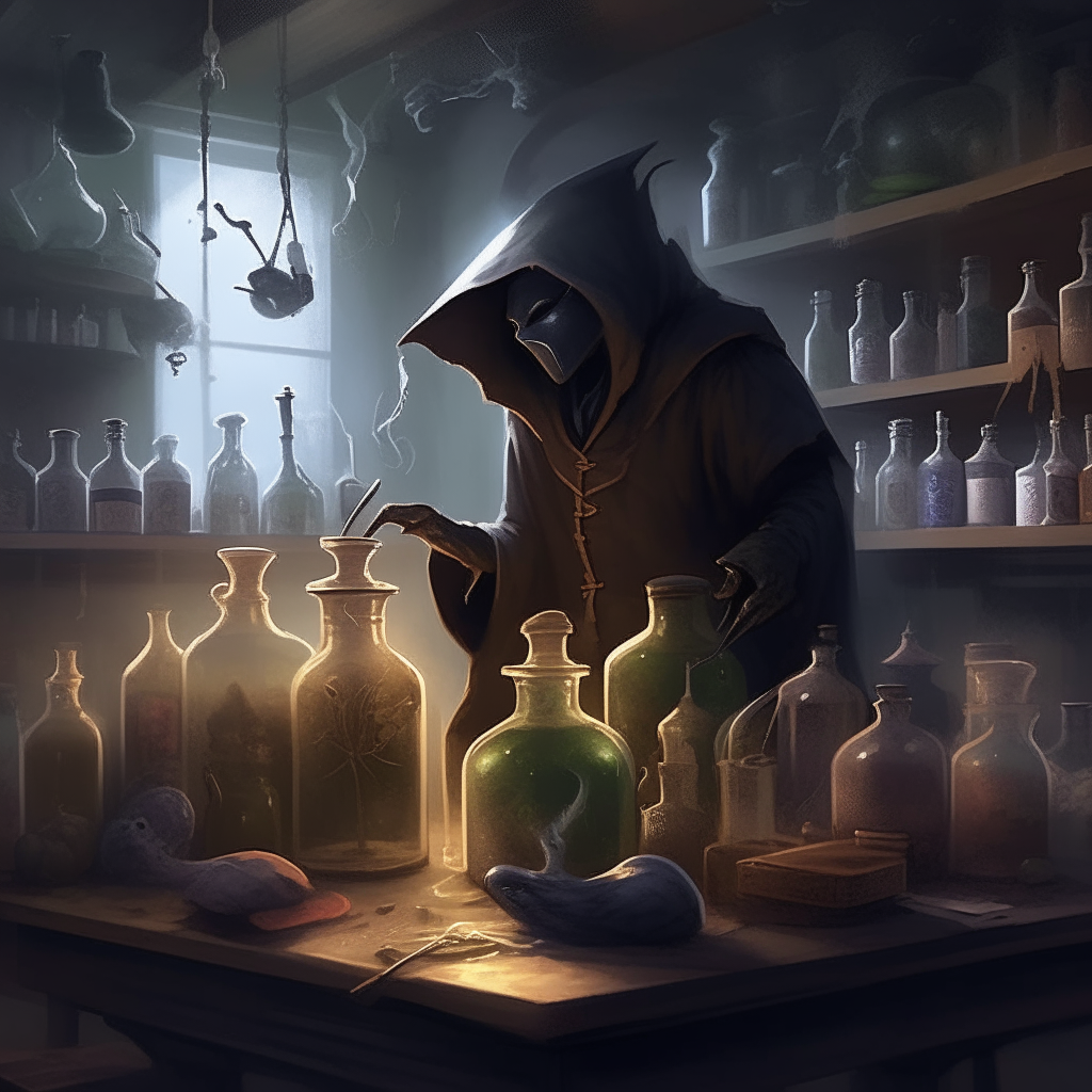 a plague doctor mixing potions in their shadowy laboratory, surrounded by bottles containing mystical ingredients