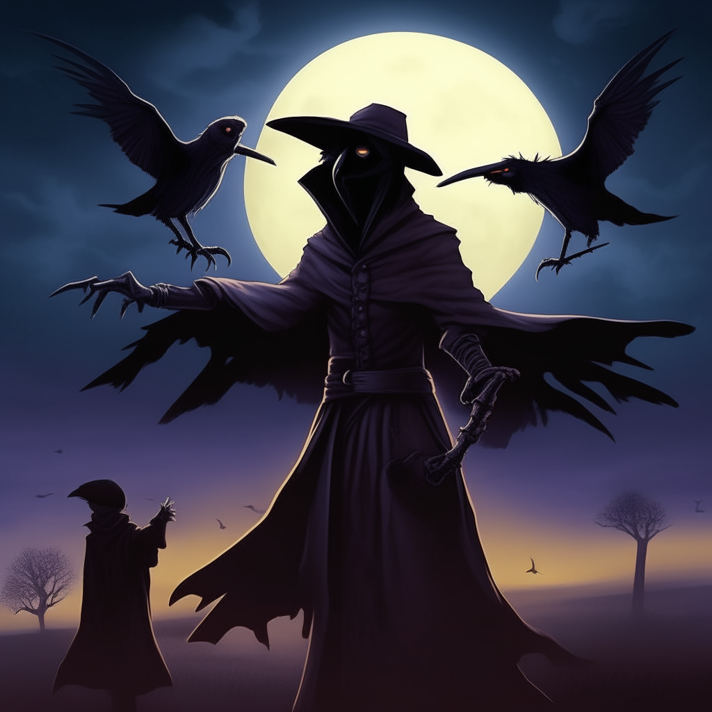 a plague doctor accompanied by two spectral ravens perched on their outstretched arms against a night sky