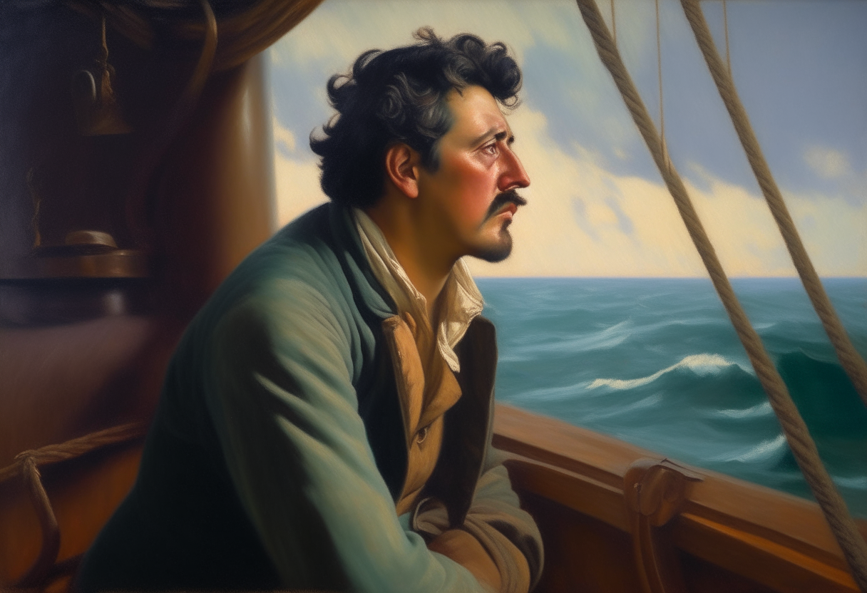 An Italian man looking out to sea on a ship sailing to America, oil painting
