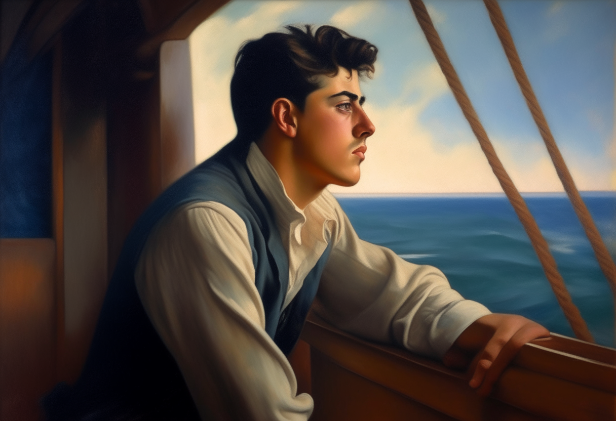 A young Italian man in his early 20's looking out to sea in 1910 on a ship sailing to America, oil painting