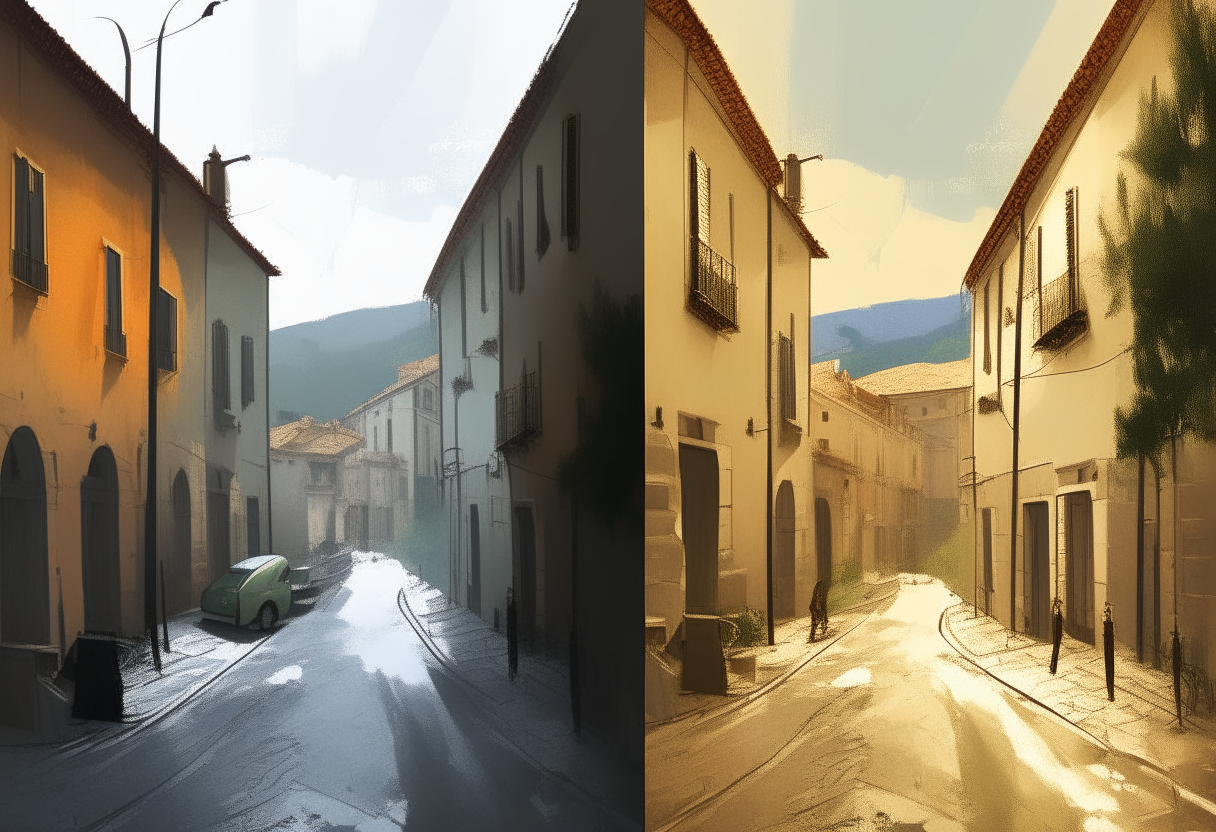 A sunny village in Italy compared to a dark rainy New York city street in 1910, split digital painting