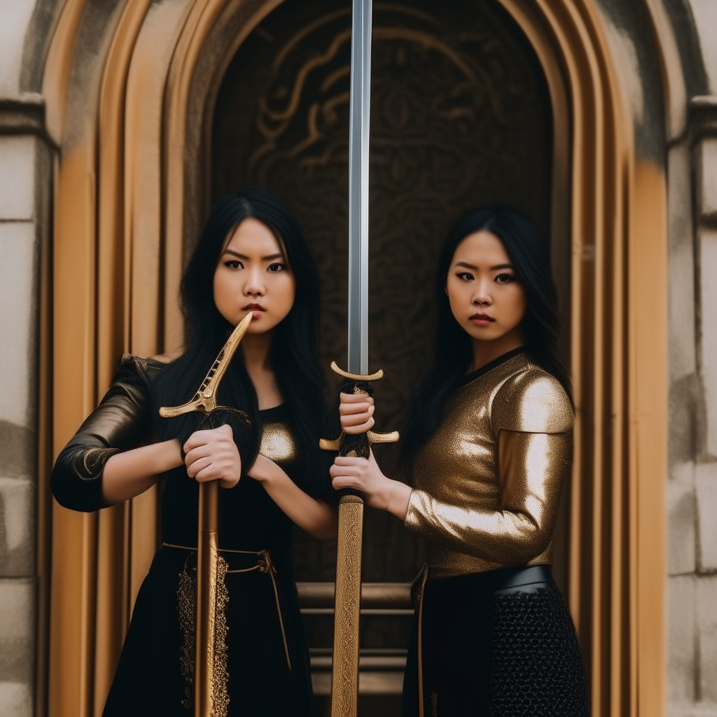 Two beautiful Asian women holding medieval swords. dressed in gold and black, standing in front of an old castle door.