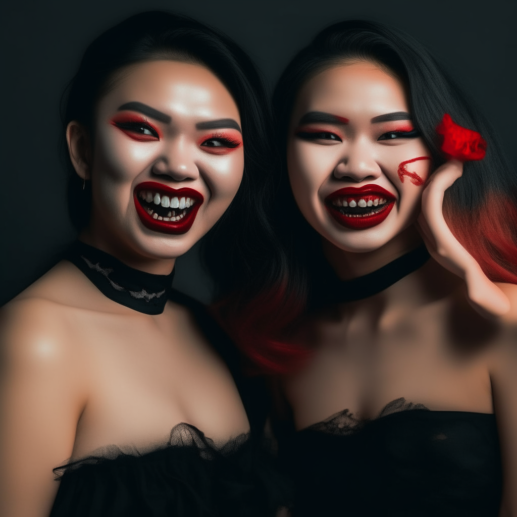 Two attractive Asian women in strapless black dresses and smiling, then their faces turn to horrifying witches, with red eyes and fangs.