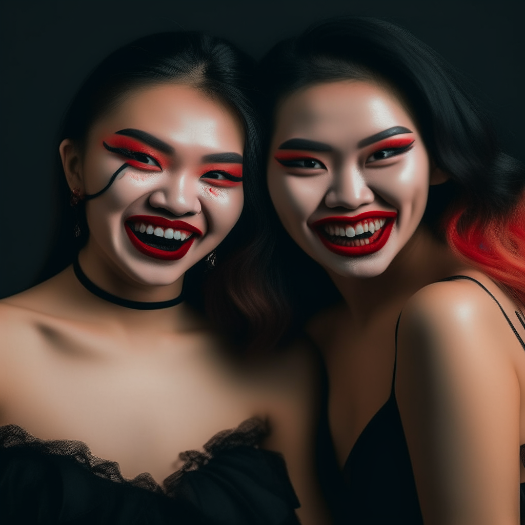 Two attractive Asian women in strapless black dresses and smiling, then their faces turn to horrifying witches, with red eyes and fangs.