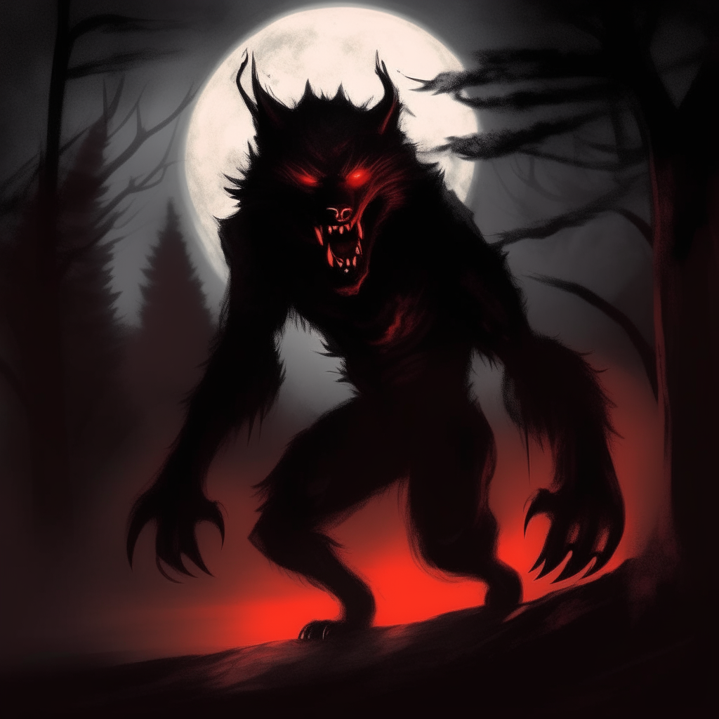 A shadow in the distance coming out of the darkness, it is running at you and then you see it a werewolf, with shinning white fangs and blood red eyes and claws .