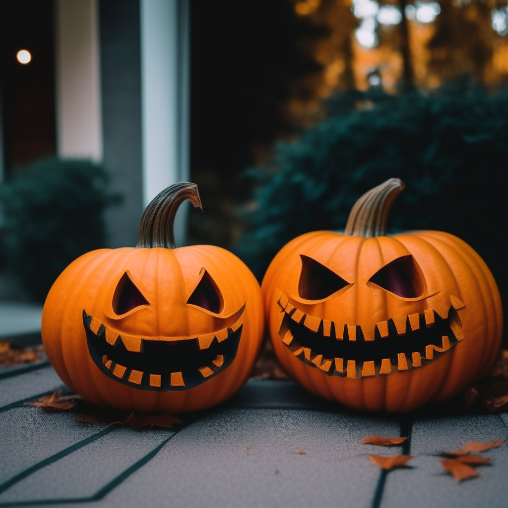 pumpkins sitting outside homes, smiling with evil eyes and sharp orange teeth, waiting to play Trick or tread.