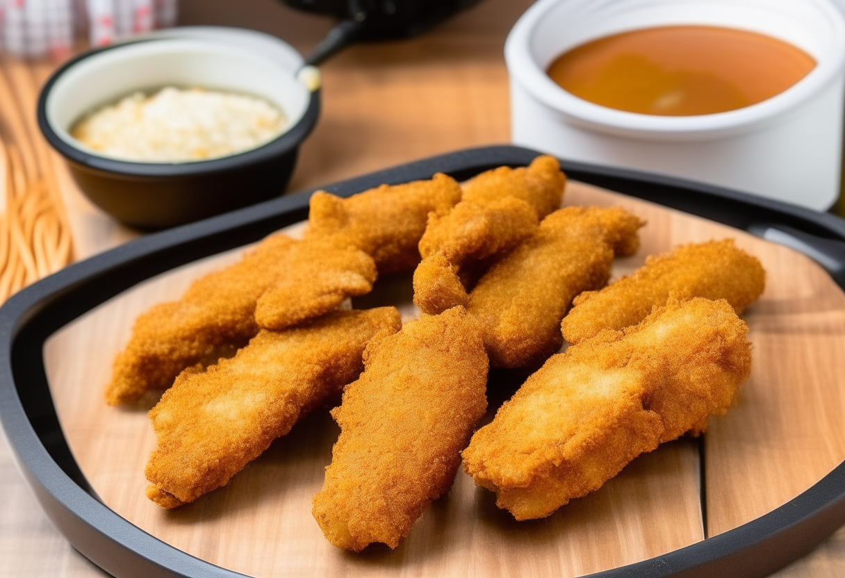 raw chicken tenders on a cutting board chicken tenders coated in breadcrumbs on a plate chicken tenders being placed into an air fryer basket crispy golden brown chicken tenders fresh out of an air fryer