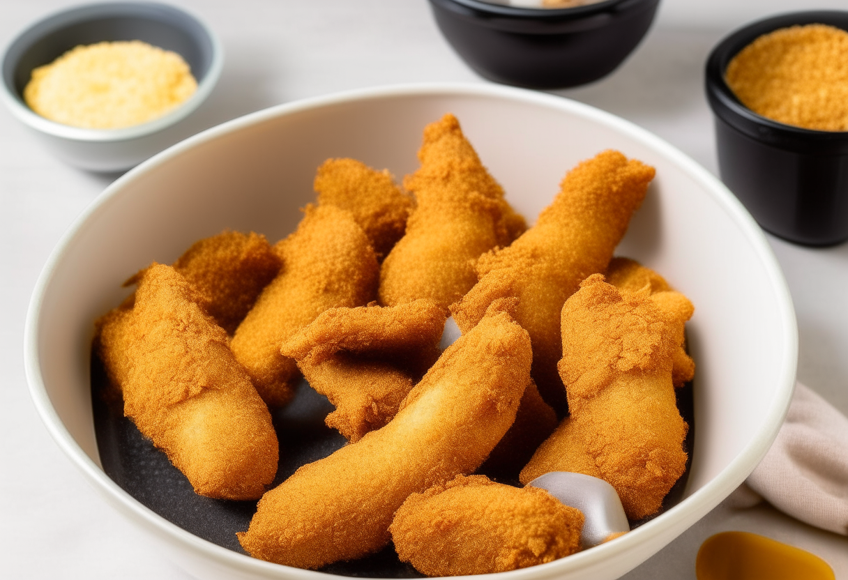 raw chicken breast tenders placed in a bowl chicken tenders coated in breadcrumbs and spices in a bowl chicken tenders arranged in a single layer in an air fryer basket crispy golden brown cooked chicken tenders removed from air fryer