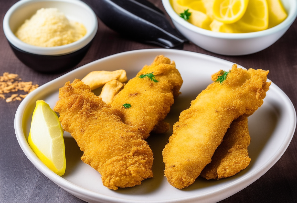 Raw chicken breast tenders seasoned with salt and pepper in a bowl Chicken tenders dipped in egg then breadcrumb mixture in 2 bowls Breaded chicken tenders sprayed with oil on a plate Breaded chicken tenders in air fryer basket Crispy cooked chicken tenders plated with lemon wedges