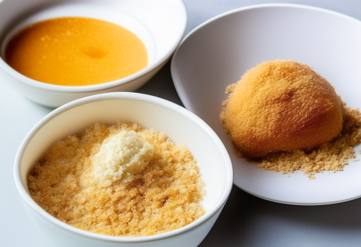 An egg in a shallow white bowl next to a second shallow bowl filled with breadcrumbs and panko breading