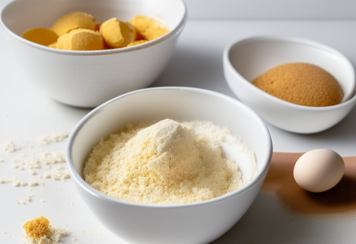 A raw egg cracked into a white ceramic bowl next to a second ceramic bowl filled with panko breadcrumbs and breadcrumbs