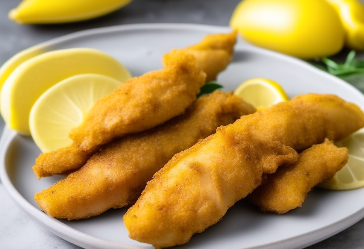 Crispy golden brown chicken tenders fresh out of an air fryer plated with lemon wedges