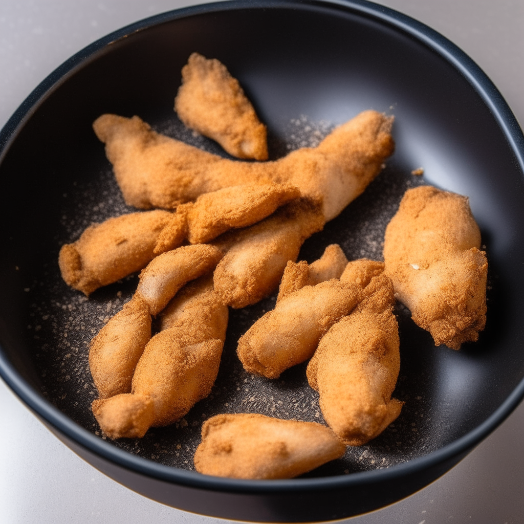 A photo of raw chicken tenders seasoned with salt, pepper and garlic powder in a bowl ready to cook in an air fryer preheated to 400 degrees Fahrenheit