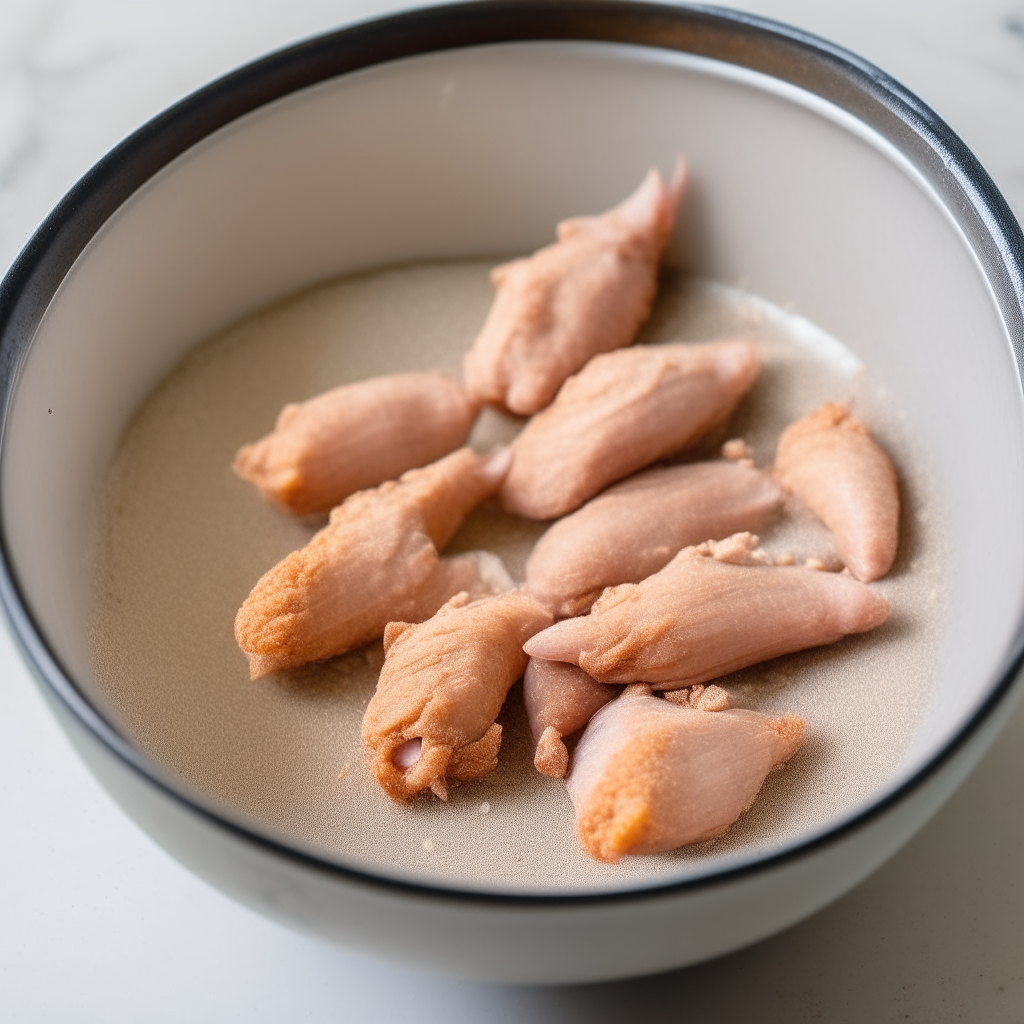 Raw chicken tenders in a bowl being seasoned with salt, pepper and garlic powder