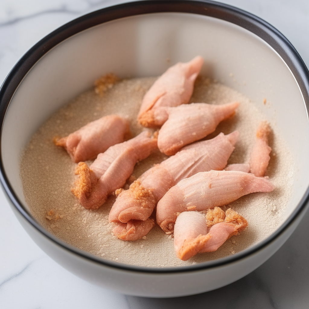 Raw chicken tenders in a bowl with a lot of salt, pepper and garlic powder seasoning