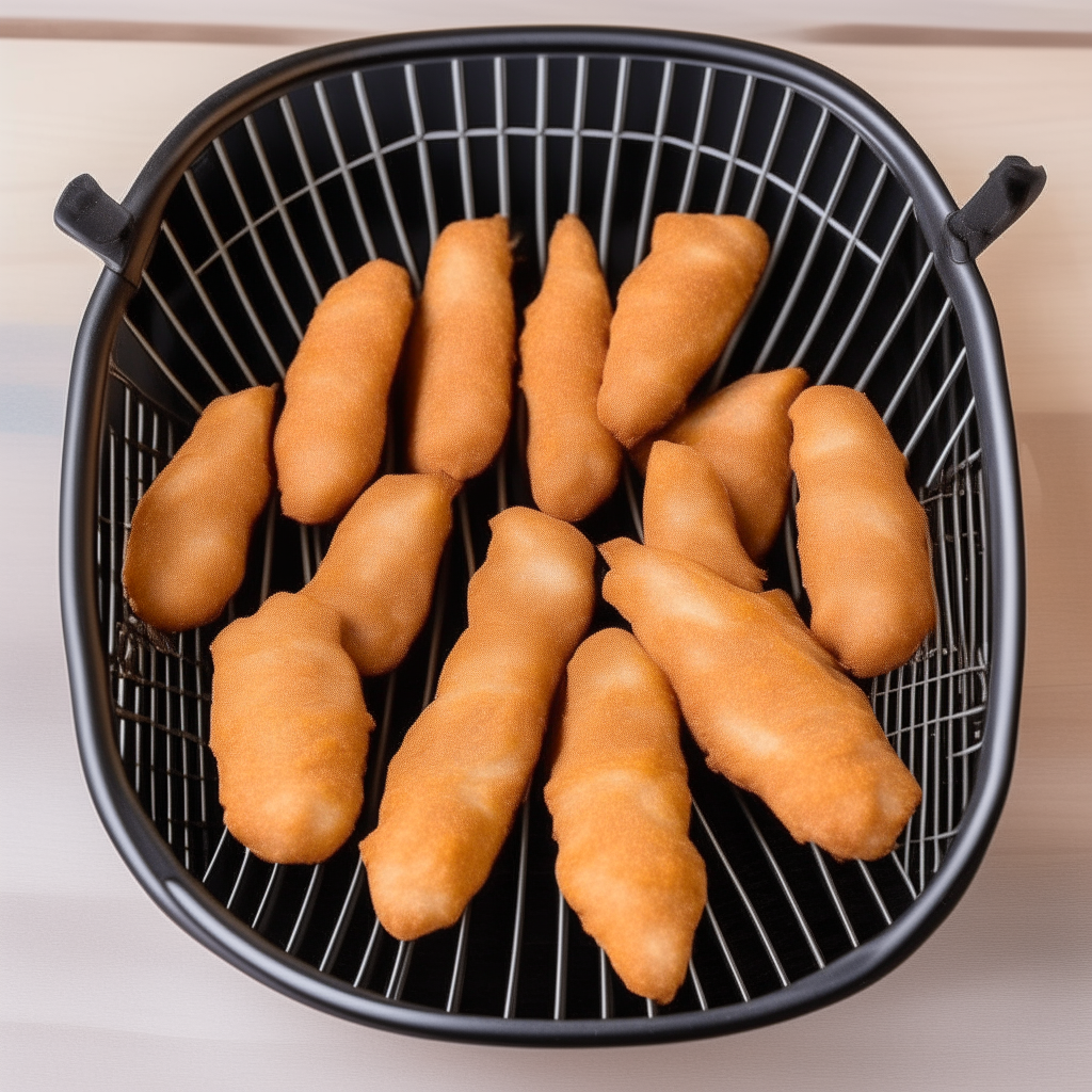 Raw chicken tenders neatly arranged in an air fryer basket without overlapping