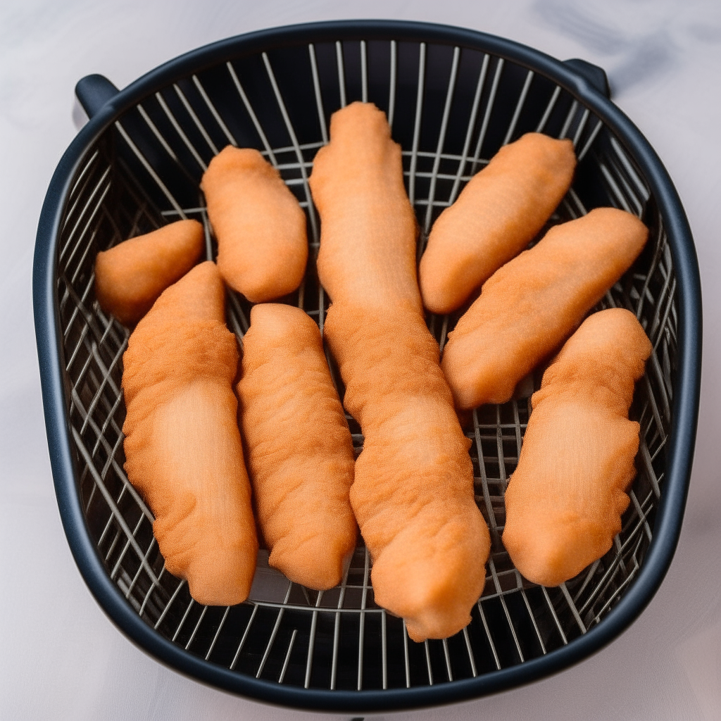 Raw chicken tenders arranged neatly in an air fryer basket without overlapping