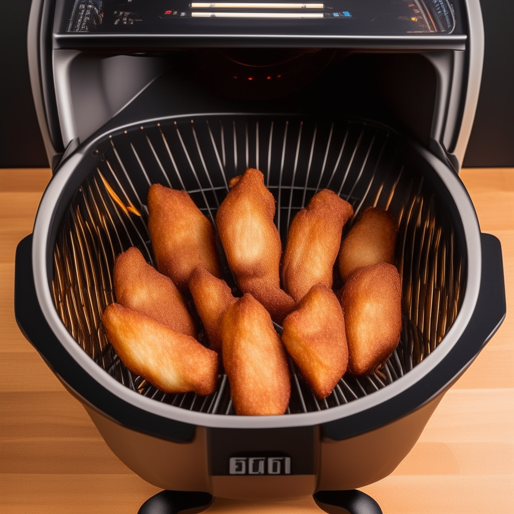 Raw chicken tenders in an air fryer basket with circulating hot air shown as lines and arrows, digital display reading 400 degrees Fahrenheit