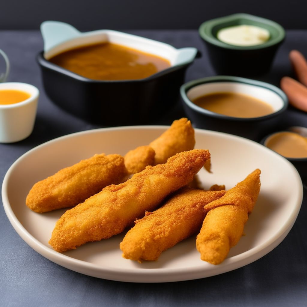 A plate with golden brown air fried chicken tenders next to a small bowl of dipping sauce. A thermometer icon shows the internal temperature of the tenders is 165 degrees Fahrenheit.