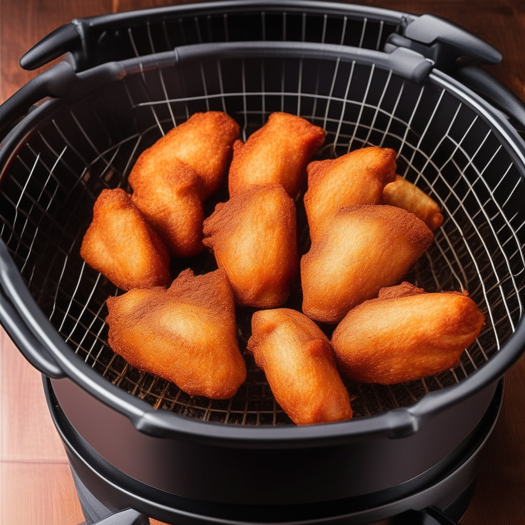 Raw chicken tenders seasoned with salt, pepper and garlic in an air fryer basket. Arrows and lines show hot air circulating around the tenders. A digital display reads 400 degrees Fahrenheit.