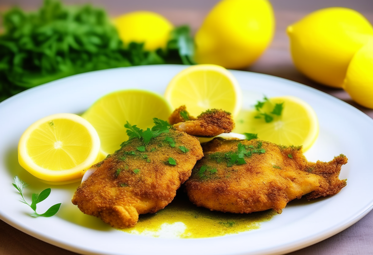 A visually stunning image of Air Fried Lemon Garlic Chicken on a modern white plate with a matte finish. Two golden-brown, crispy chicken thighs are accompanied by bright yellow lemon wedges and sprinkled with finely chopped vibrant green parsley. The dish is presented on a minimalist wooden table under soft, ambient lighting, highlighting the succulent texture of the chicken and the freshness of the garnish.