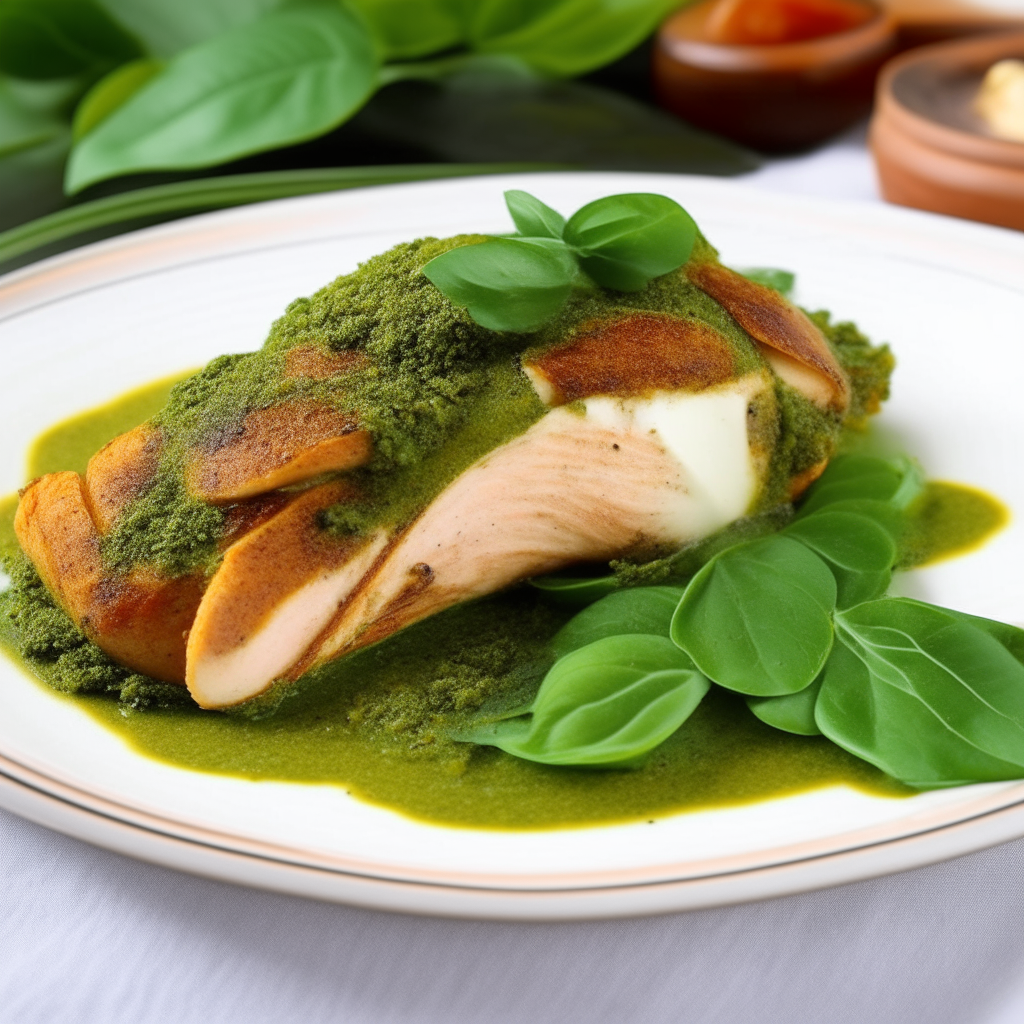 A plate featuring a golden-brown Crispy Pesto Stuffed Chicken Breast, sliced at the center to reveal vibrant, green pesto. The chicken sits on a white, porcelain plate, garnished with fresh basil leaves, providing a pop of color and a hint of the flavor within.